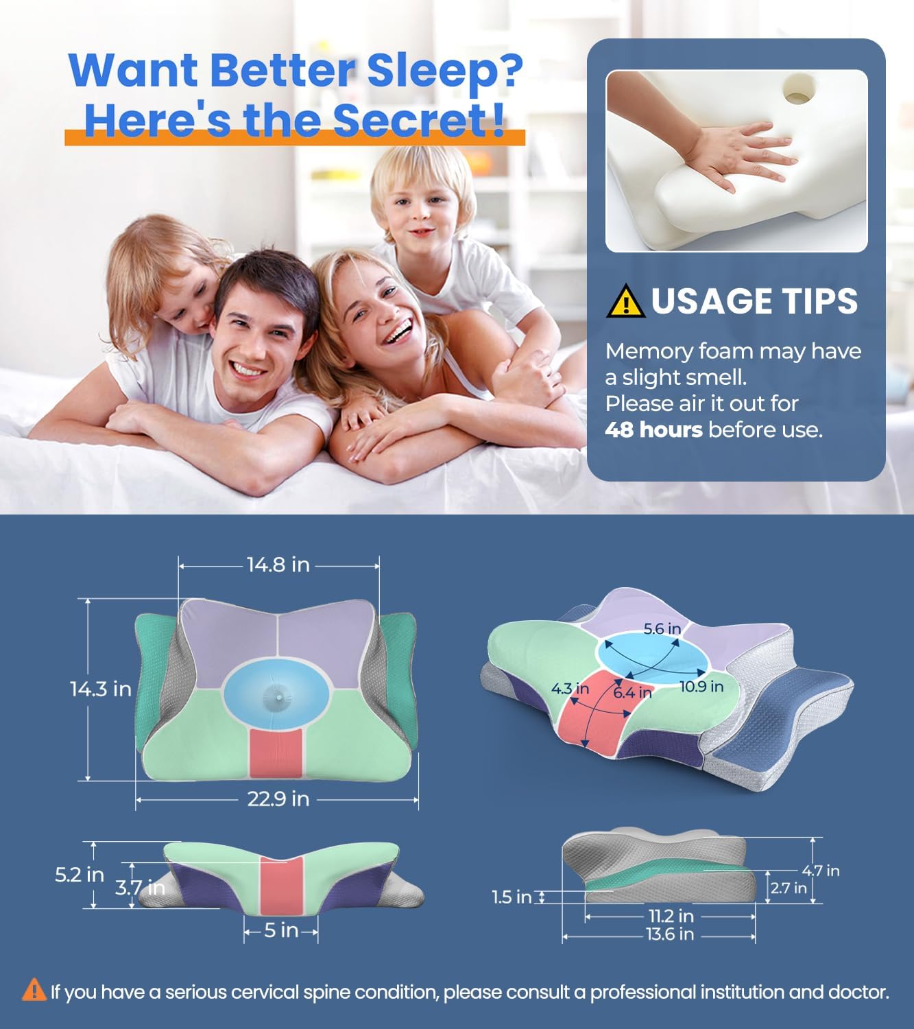 Ultra Pain Relief Cooling Pillow for Neck Support, Adjustable Cervical Pillow Cozy Sleeping, Odorless Ergonomic Contour Memory Foam Pillows, Orthopedic Bed Pillow for Side Back Stomach Sleeper