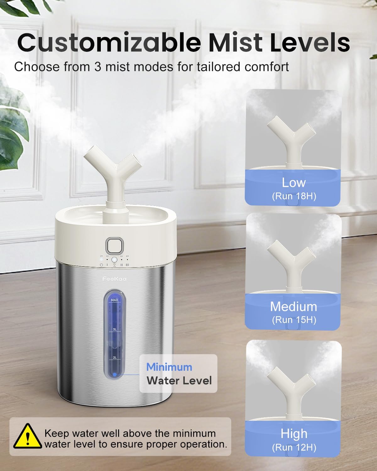 Feekaa Stainless Steel Humidifier, 3.8L/1Gal Cool Mist Humidifiers for Bedroom up to 500 sq ft, Easy Clean Dishwasher Safe Humidifiers for Baby, Humidifier Large Room Nursery Living Room Office, White