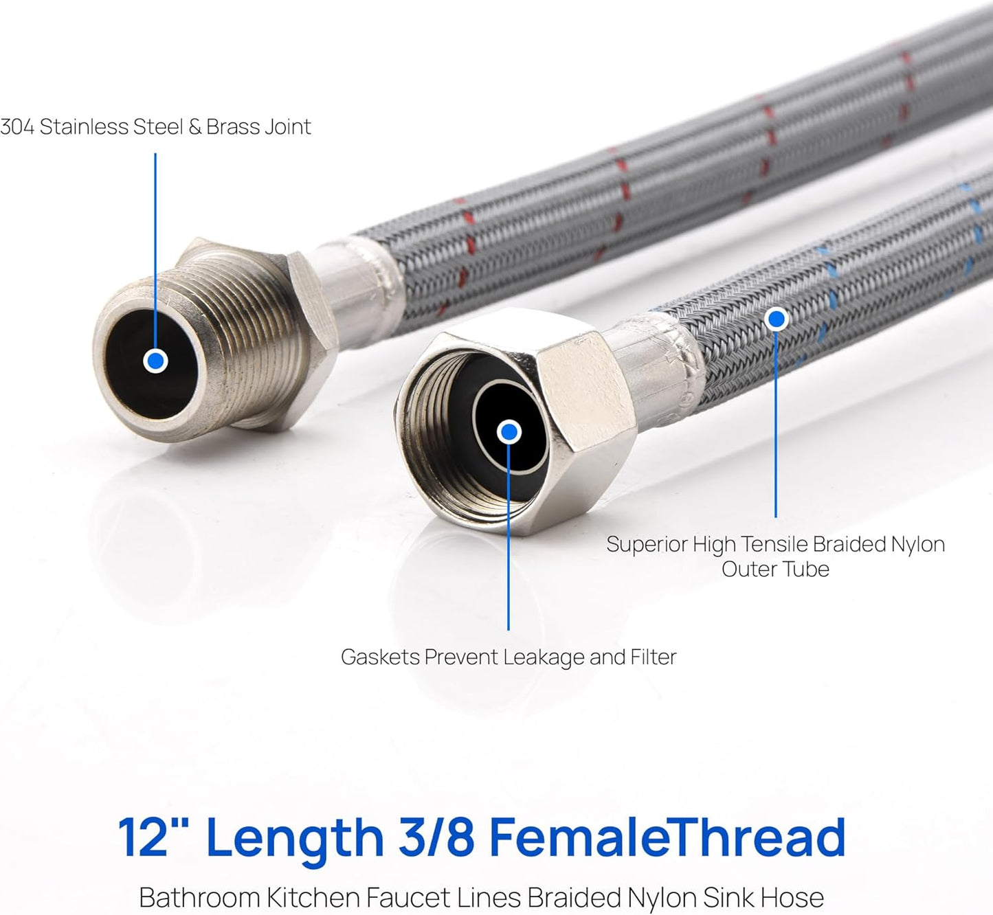 J-HVA Faucet Supply Lines Length 12" x G 3/8 Female Thread Connector Braided Nylon Extension Hoses for Bathroom Kitchen Sink Faucet Hose Filter, Stainless Steel Nut (1 Pair)