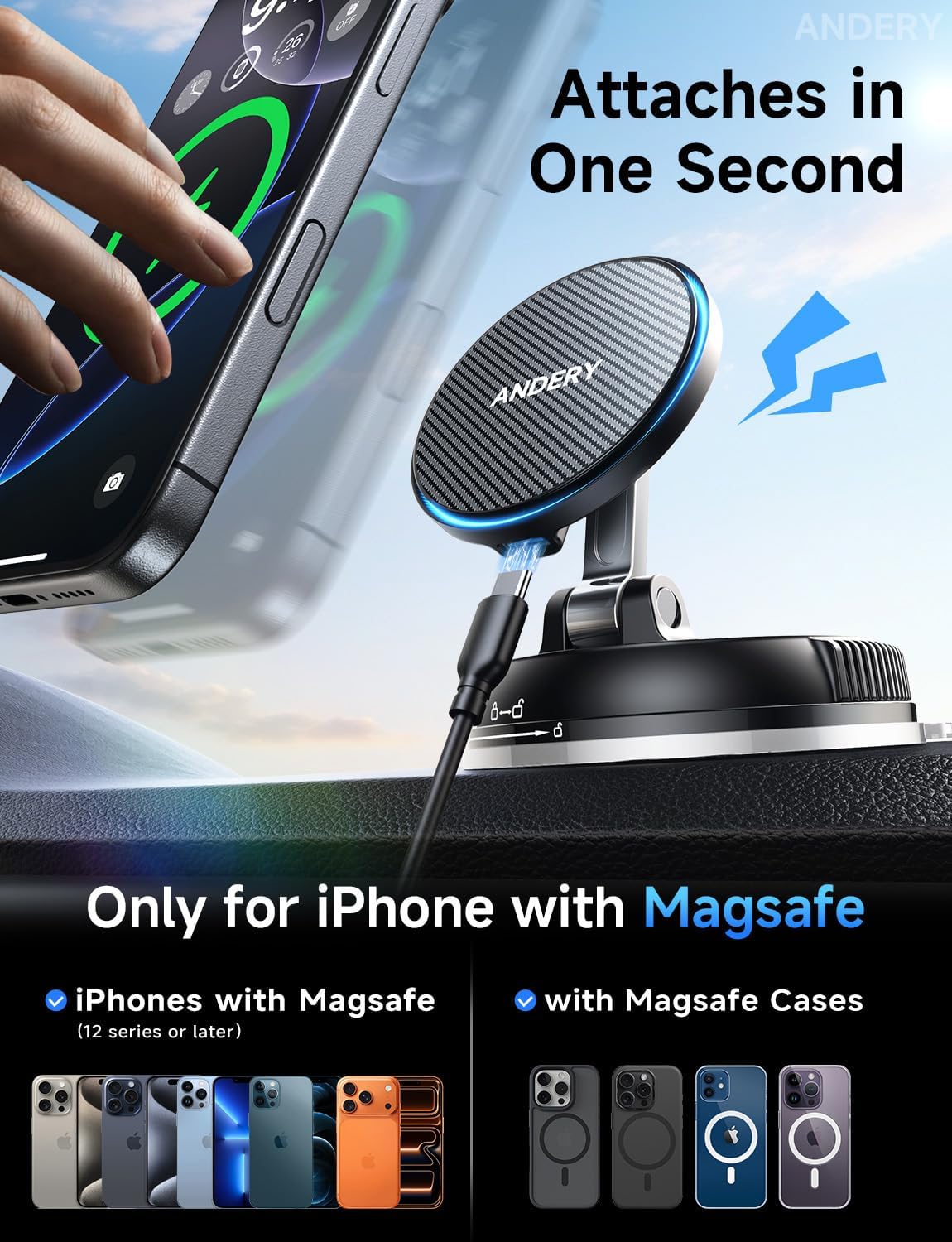 ANDERY Only for iPhone Magsafe Car Mount Charger [15W Wireless Faster Charging, 78+LBS Strongest Suction, 2400gf Strongest Magnetic] 360° Adjustable Car Phone Holder, Phone Holders for Your Car, Black