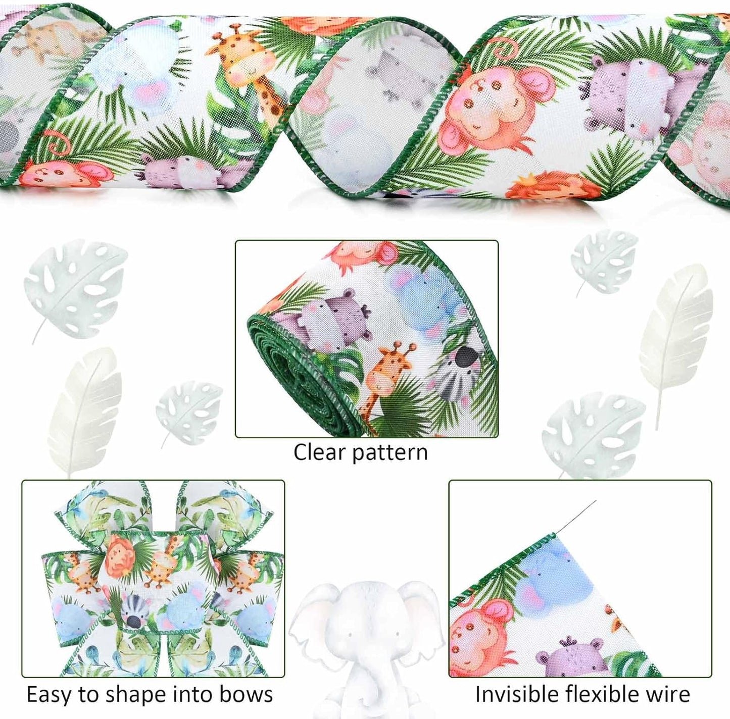 4Rolls 20 Yards Jungle Animal Diaper Cake Wired Ribbon 2.5 Inch Forest Green Leaf Ribbons Cute Animal Print Ribbons for Diaper Wrapping Birthday Baby Shower Craft Supplies