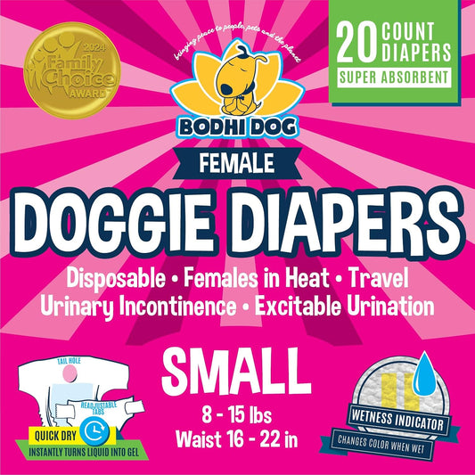 Bodhi Dog Disposable Female Dog Diapers - Super Absorbent Dog Diapers for Female Heat Cycle - Adjustable Fit Pee Wraps for Potty Training, Moisture Control & Wetness Indicator - Extra Small (20 Count)