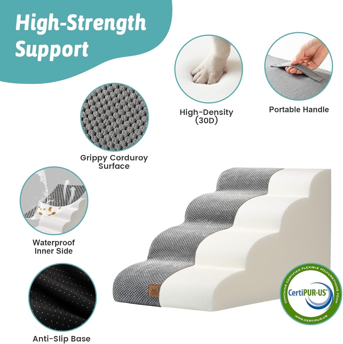 Dog Stairs for Small Dogs 15.7" H, 4-Step Sturdy Foam Dog Steps for Couch and Bed, Curved Pet Stairs for Puppy and Older Cat, Doggie Ladder with Washable Cover, 15.7x28.3x15.7 inch, Gray