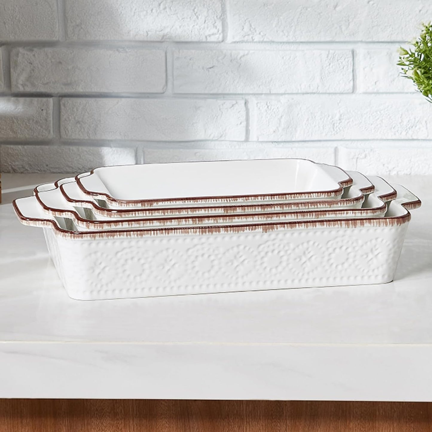 ONEMORE Casserole Dishes for Oven, Ceramic Baking Dish Set of 4, Non-Stick Lasagna Pans with Handles, Rectangular Bakeware Set for Cake, Roasting, Broiling, Gratin, Banquet, Microwave & Dishwasher Safe(3.8/2.6/1.7/1.1 Qt) (White 01)