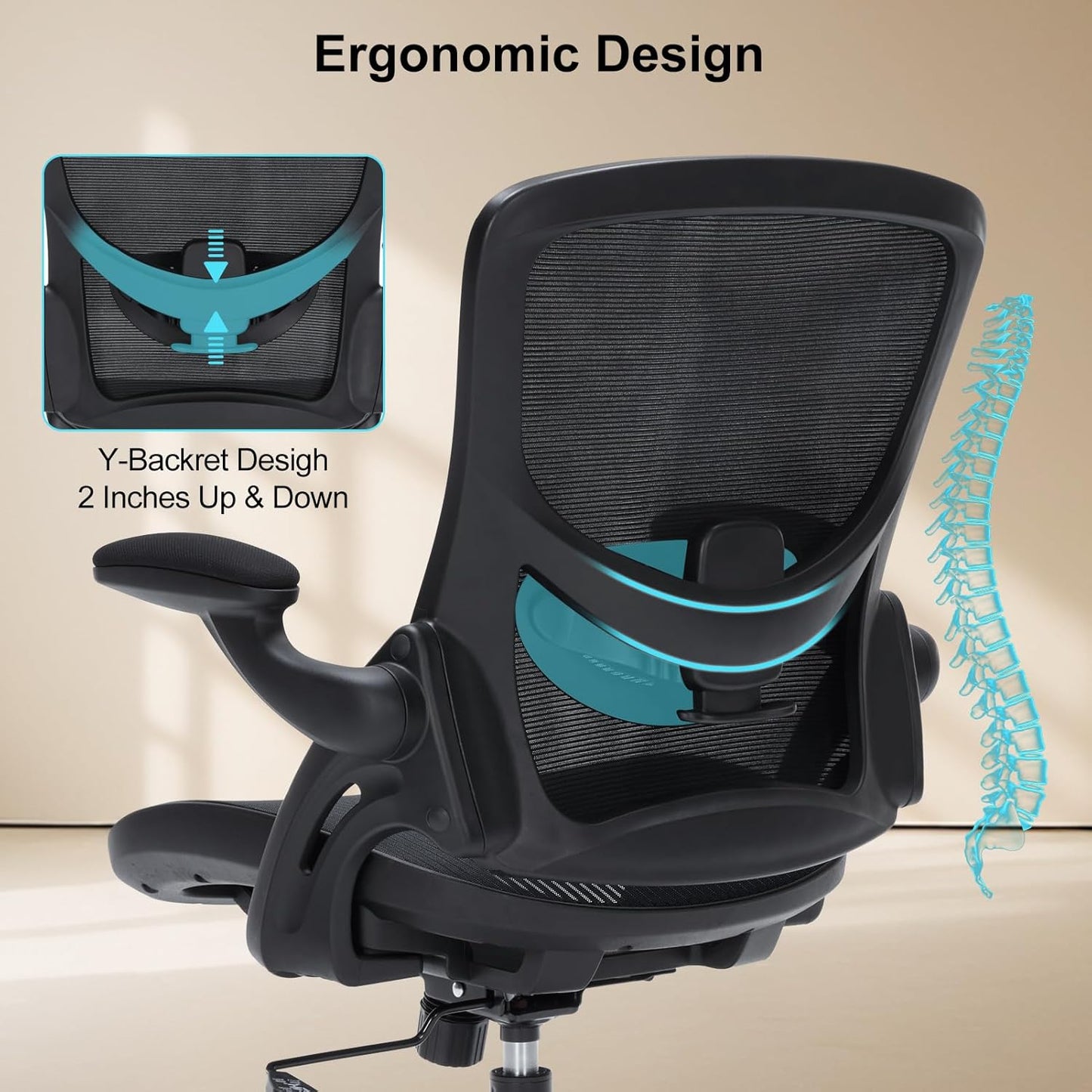 Office Chair, Ergonomic Desk Chair with Adjustable Lumbar Support, Comfy Breathable Mesh Chair with Wheels and Flip-Up Armrests, Executive Chairs for Home Office Comfortable Chair with Rolling Swivel