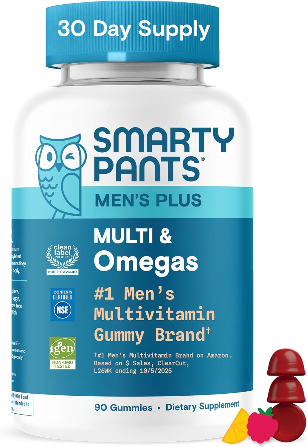 SmartyPants Men's Multivitamin Gummies, Omega 3 (DHA/EPA), Methylfolate, Vitamin D3, C, Vitamin B12, B6, Vitamin A, K, Zinc & Selenium, Gluten Free, 90 Count (30 Day Supply)