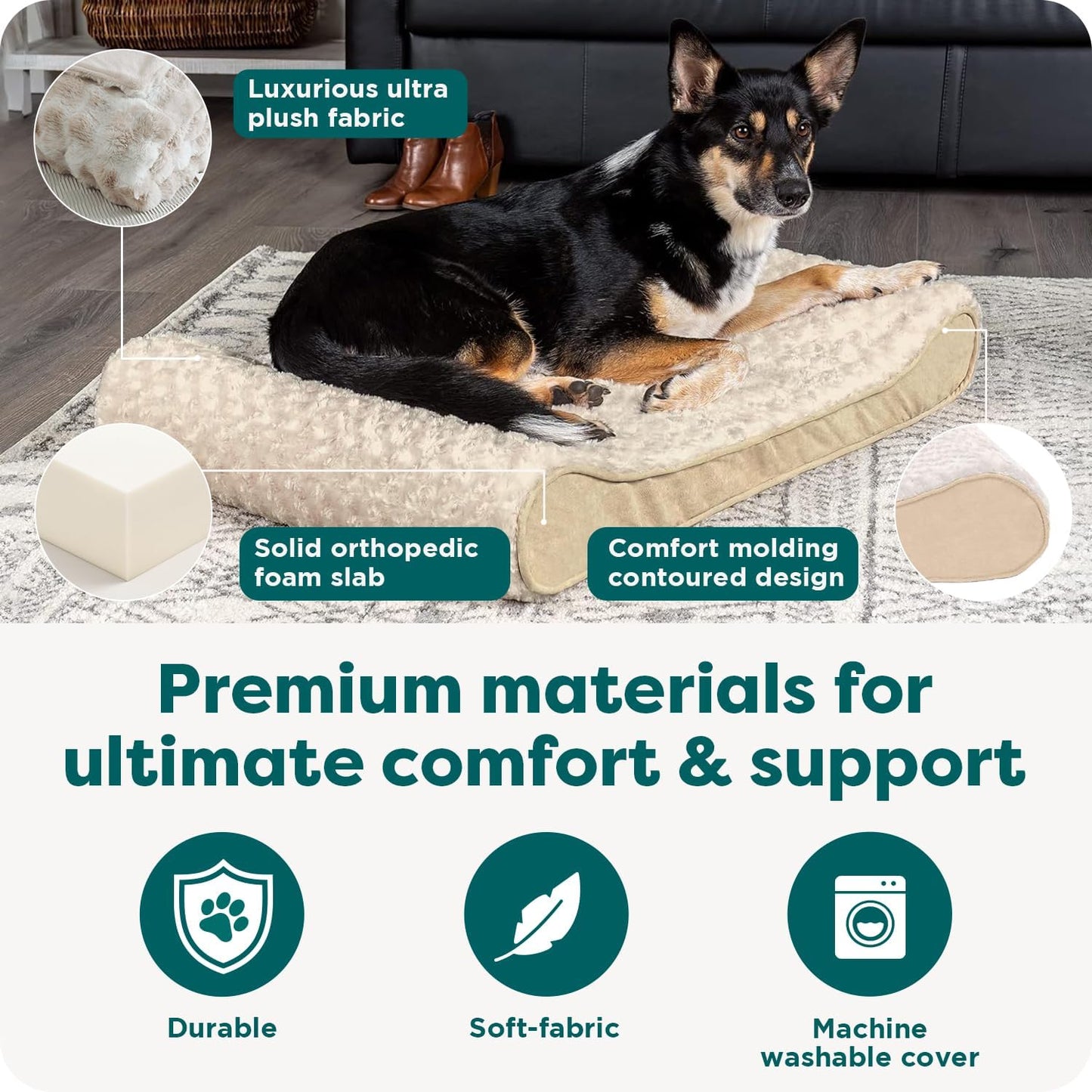 FurHaven Orthopedic Dog Bed for Large/Medium Dogs, Luxe Lounger Contour Mattress with Medical-Grade Solid Orthopedic Foam for Joint Support, Removable Washable Cover, Large, Plush Suede, Cream