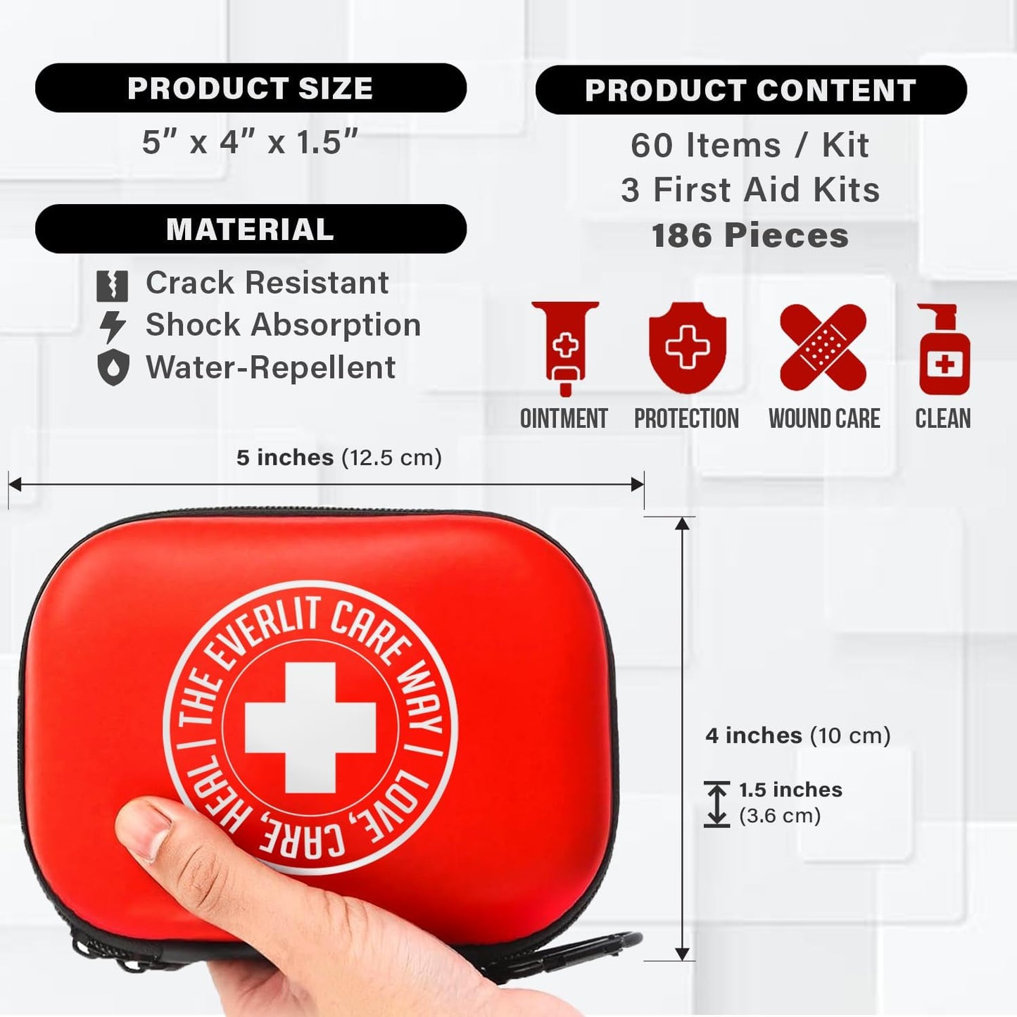 Mini-Aid First Aid Kit | Compact & Lightweight Case with Carabiners for Travel | Family & Kid Friendly 180 Pcs Wound Care Supplies for School, Work, Outdoor, Home & Office | Pack of 3