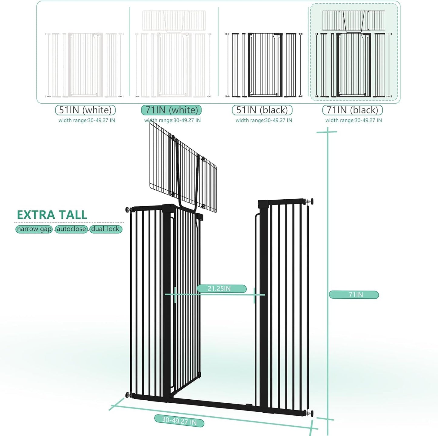 Jiprlak51 Extra Tall Cat Gate for Doorway – 30"-49.27" Extra Wide Pet Gate with Adjustable Cat Door Wide,Auto Close, Pressure Mounted, Pet Gate for Cats & Small Dogs, Hallway, Stairs, Kitchen