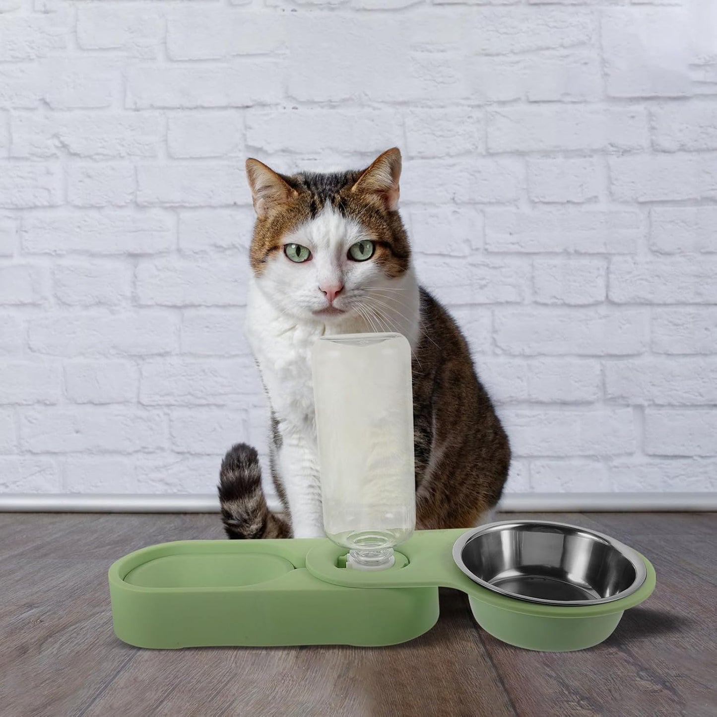 Milisten Stainless Steel Cat Food and Water Bowl Set, Dual Bowls Rotatable Corner Feeder with Foldable Stand, Green Pet Feeder for Small Cats and Animals