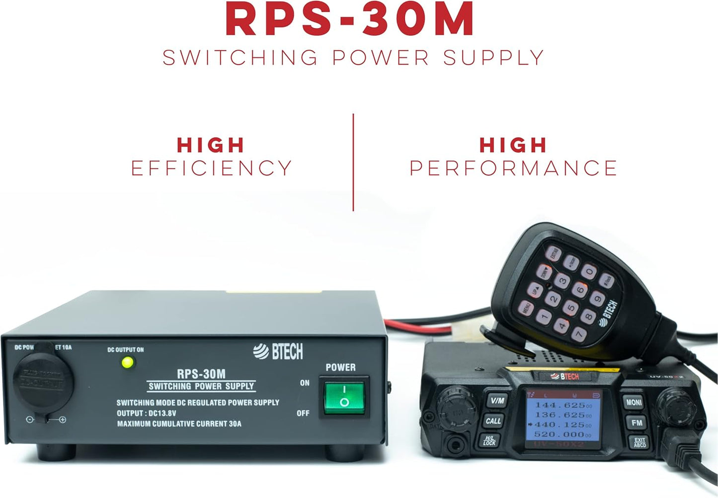 BTECH RPS-30M 30 Amp Compact Regulated Bench Power Supply - 13.8V AC-to-DC Converter with Screw Terminals & Cigarette Plug Output