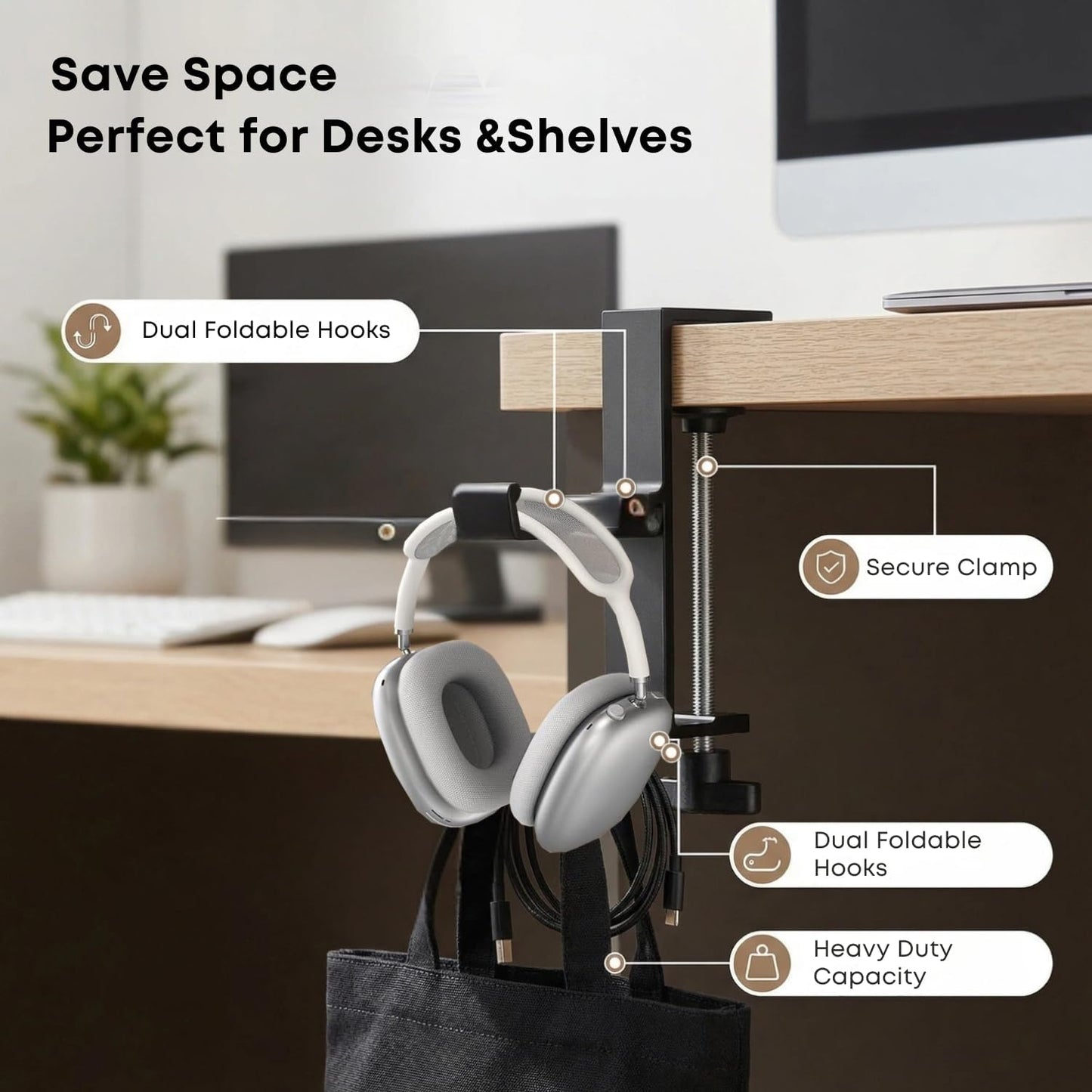 JAKO New Foldable Headphone Stand for Desk, Aluminum Alloy Headphone Holder - Headset Stand Hook Space Save Mount, Universal Fit PC Gaming Headsets Holder Under Desk Clamp for Office, Computer Table