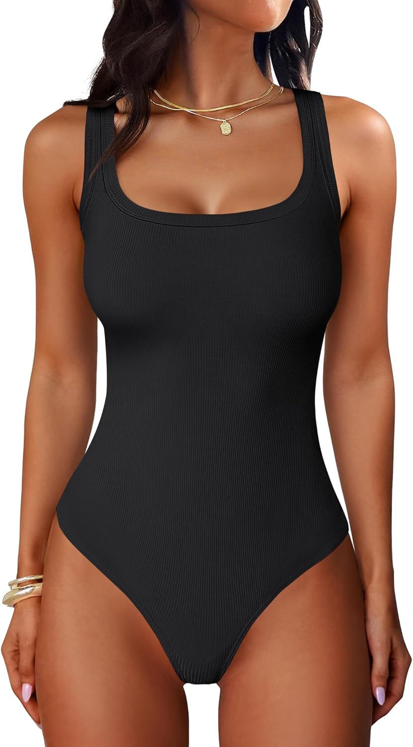 ANRABESS Bodysuits for Women Summer Ribbed Knit Scoop Neck Sleeveless Sexy Slim Fitted Tank Tops 2026 Teen Girls Body Suits