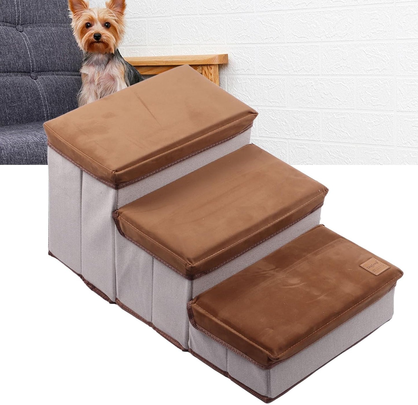 Pilipane Dog Stairs for Small Dogs Foldable 3 Tiers Dog Steps Anti Slip Large Capacity with Storing Space for High Bed Couch