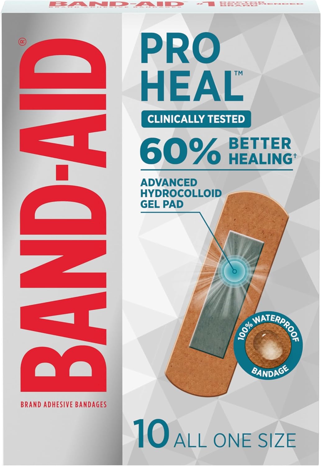 BAND-AID Brand Pro Heal Adhesive Waterproof Bandages, Hydrocolloid Gel Patch for First Aid, Clinically Tested for Better Healing of Minor Blisters and Wounds, One Size, 10 Count