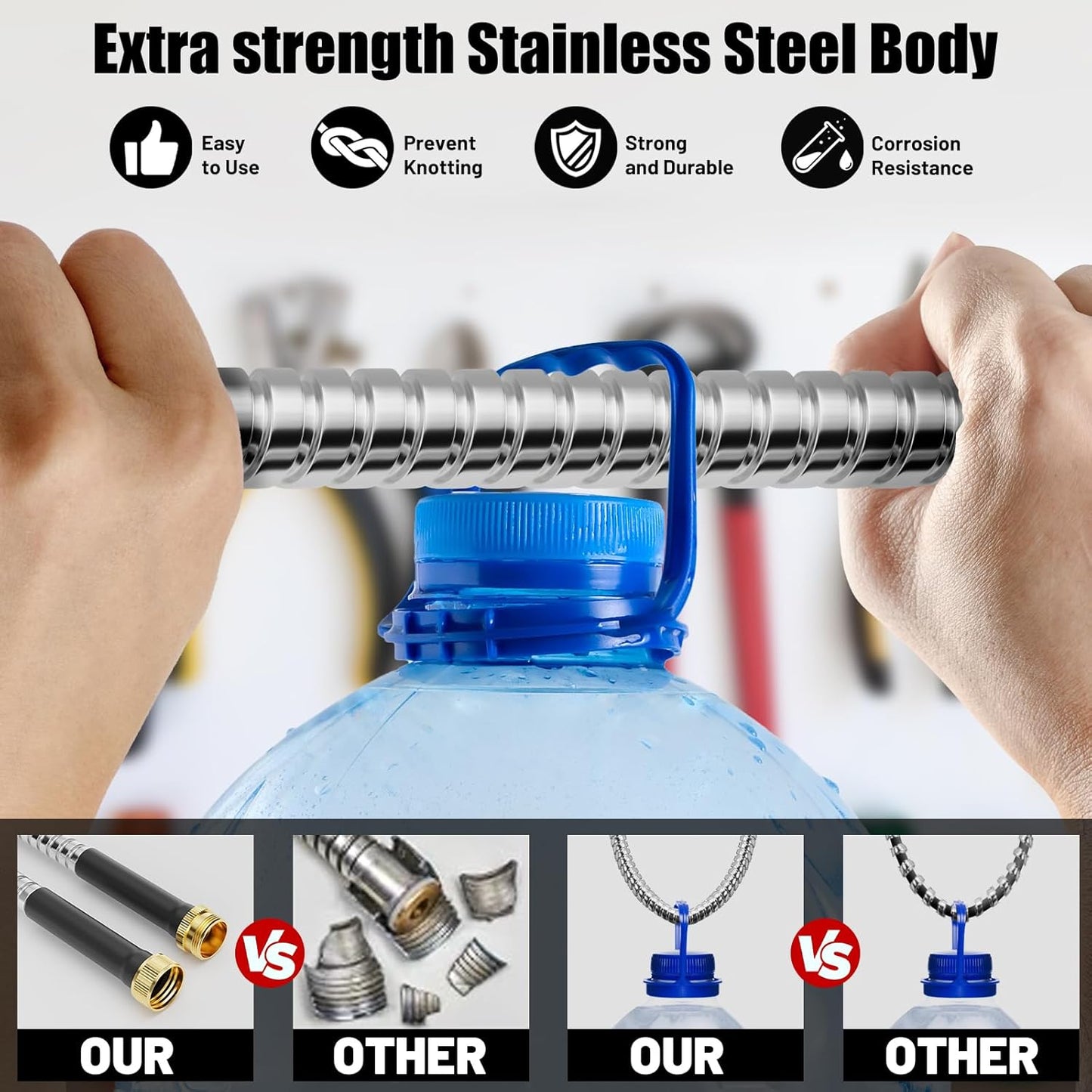 100 ft Garden Hose, Stainless Steel Metal Water Hose with Nozzle, Flexible and Durable, Rust Proof, No-Kink, Heavy Duty, Leakproof 3/4'' Brass Fittings, Lightweight Hose for Patio, Lawn