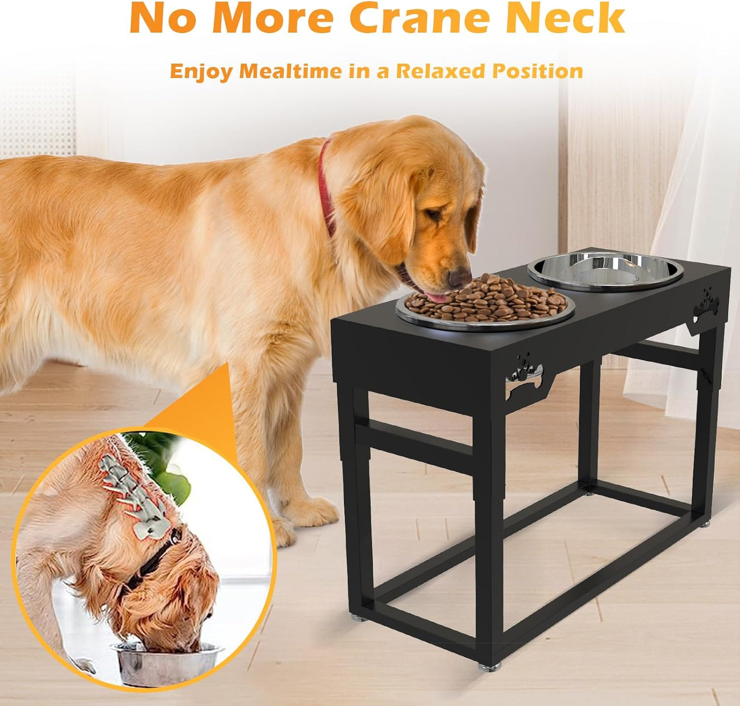 Elevated Dog Bowls Raised Pets Bowl Stand with 2 Large Water Food Bowls Wooden Elevated Raised Dog Bowls for Larger Medium Small Sized Dogs (Black Metal, Large 4L)