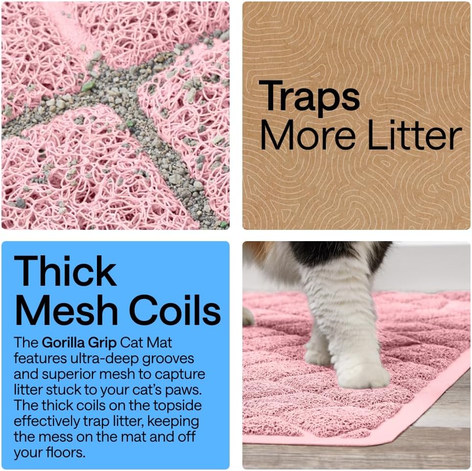 GORILLA GRIP Cat Litter Box Mat, 35x23, Cushioned Coil Mesh Litter Trapping Mats, Scatter Control Supplies for Less Mess, Phthalate Free, Ultra Deep Catch Grooves, Rinse or Vacuum to Clean, Light Pink