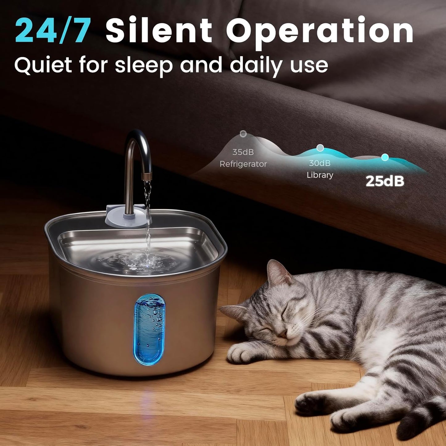 Stainless Steel Cat Water Fountain, 108oz/3.2L Automatic Pet Water Dispenser with Ultra-Quiet Pump, Safe Auto Shut-Off & Water Level Window for Cats and Dogs Indoors - Includes 1 Filter