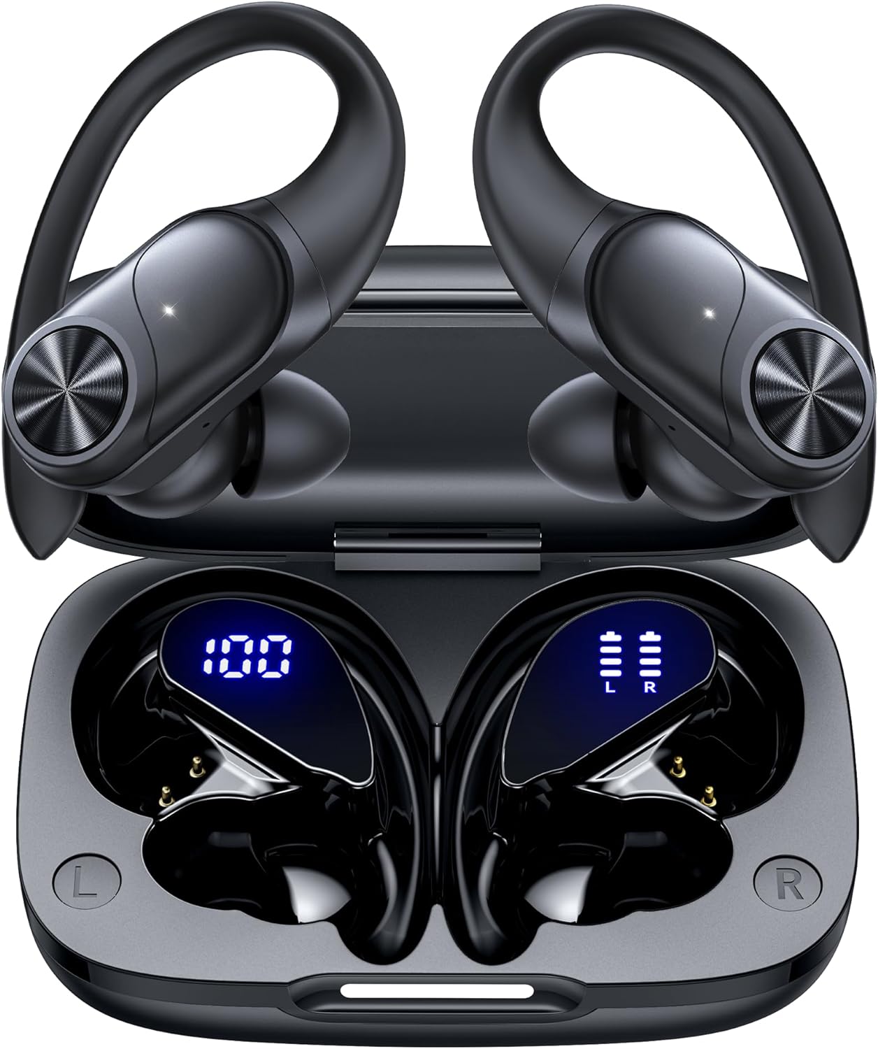 PocBuds Bluetooth Headphones Wireless Earbuds 80hrs Playtime Wireless Charging Case Digital Display Sports Ear Buds with Earhook Deep Bass IPX7 Waterproof Over-Ear Earphones for TV Phone Laptop Black