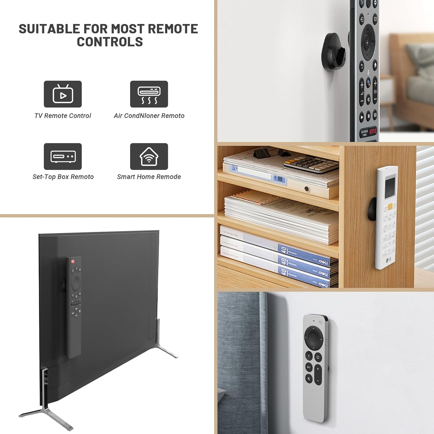 JUMEIHUI Magnetic Remote Control Holder Wall Mount, [Upgraded with Adhesion Promoter] TV Remote Holder Organizer for Bed Headboard & Nightstand, No Drill Sticky Remote Caddy for Roku (Black, 6 Pack)