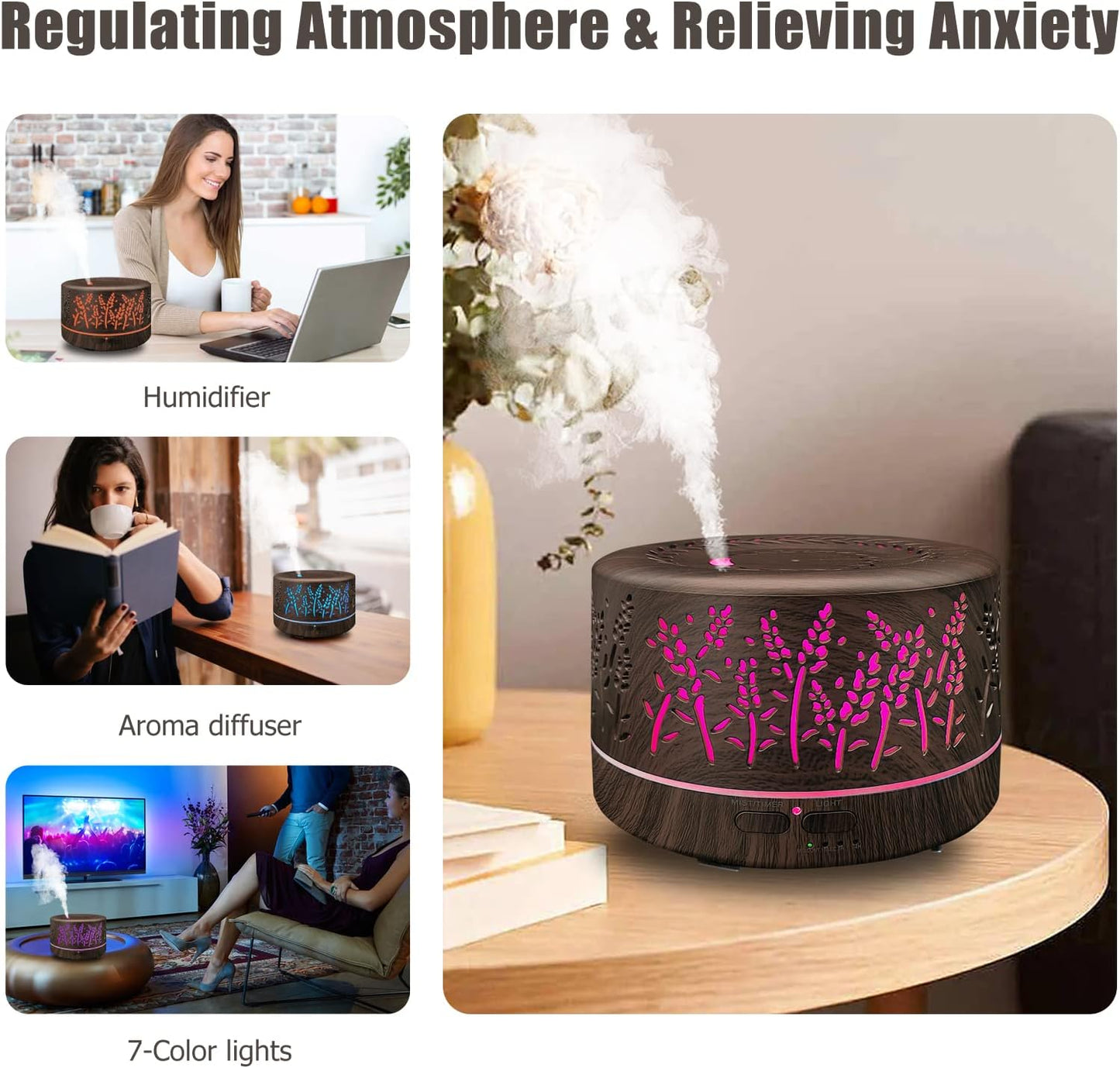 Diffusers for Essential Oils Large Room 600ml,Essential Oil Diffusers for Home with R/C,Cool Mist Humidifier,7 Colors Lights & 3 Mist Mode Waterless Auto Off for Office
