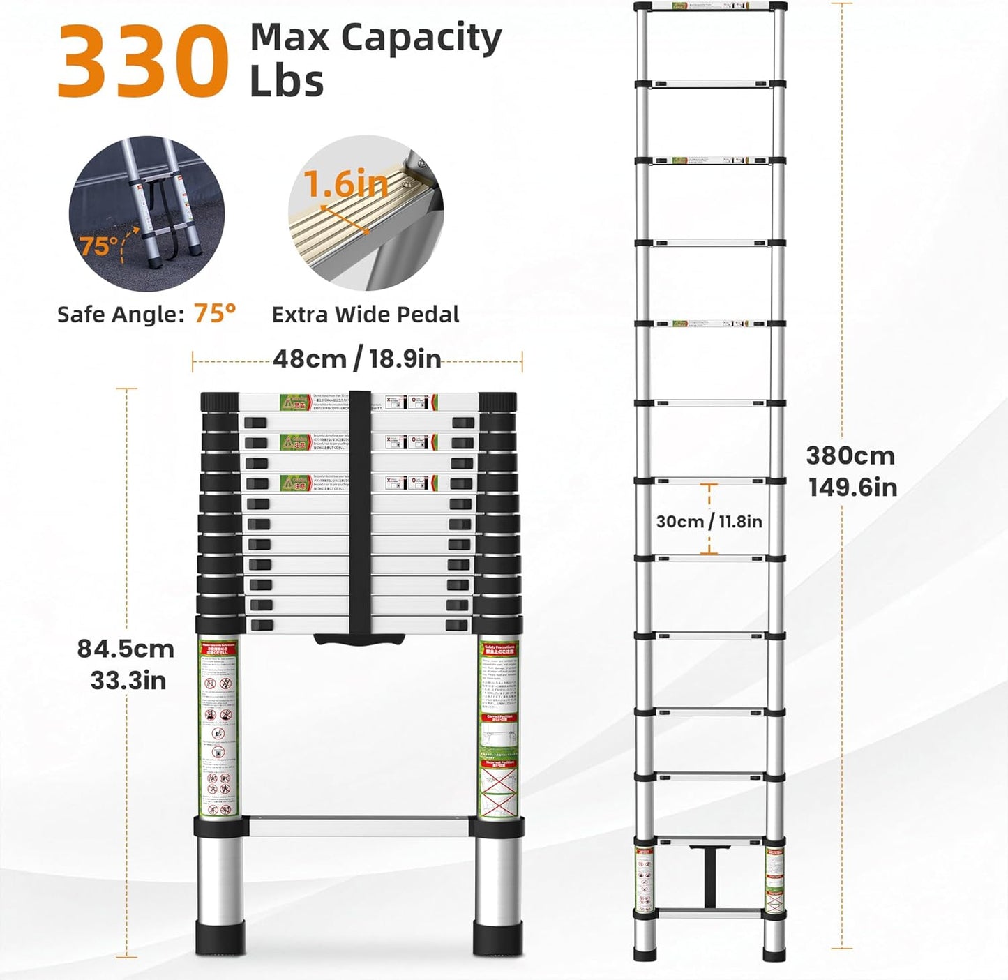 Telescoping Ladder for RV & Attic, 12.5FT Aluminum Extension Ladder with Dual Locking Mechanism, Max Load 330lbs, Compact Foldable Ladder for Roof, Home, Travel Trailer & Multi-Surface Use