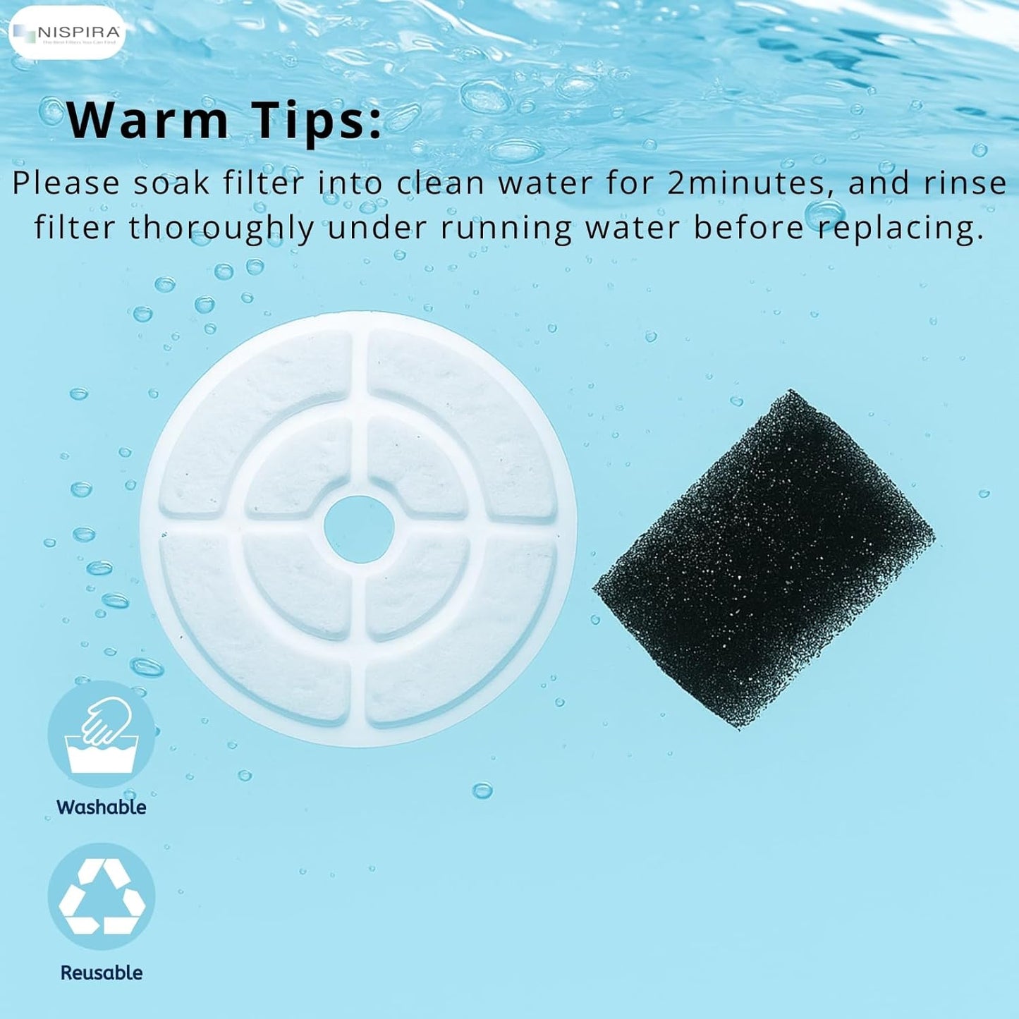 Nispira Cat Water Fountain Filter Replacements for Kastty Sibays 2.5Gal/9.5L Large18CM Dog Water Fountain Dispenser Wireless Pumps Black Sponge, 12 Packs