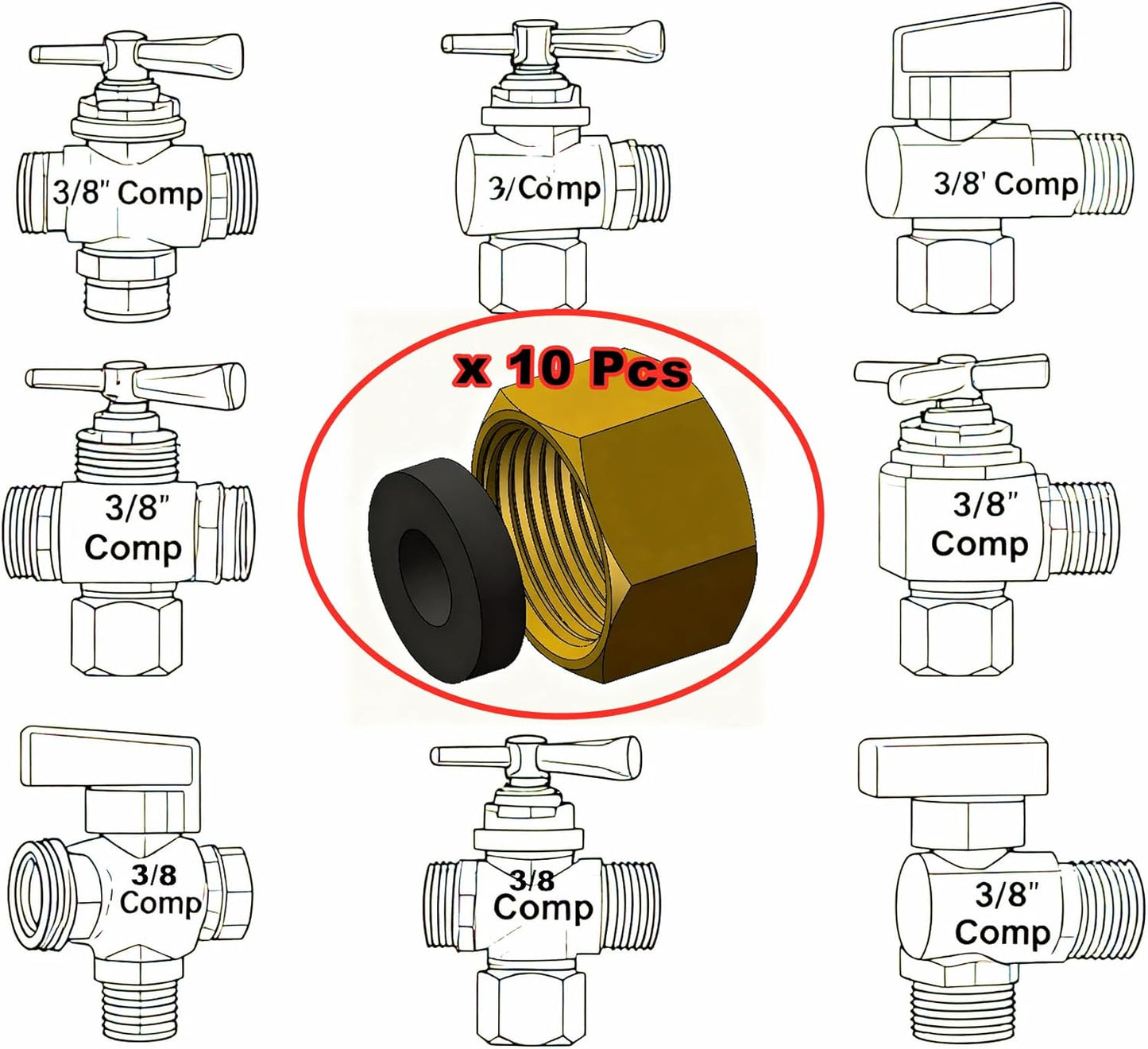 (Pack of 10) Brass 3/8'' Compression valve Cap Fitting for Sink Shut off Angle Stop Water Line Valve with Sealing Rubber Gasket Washer