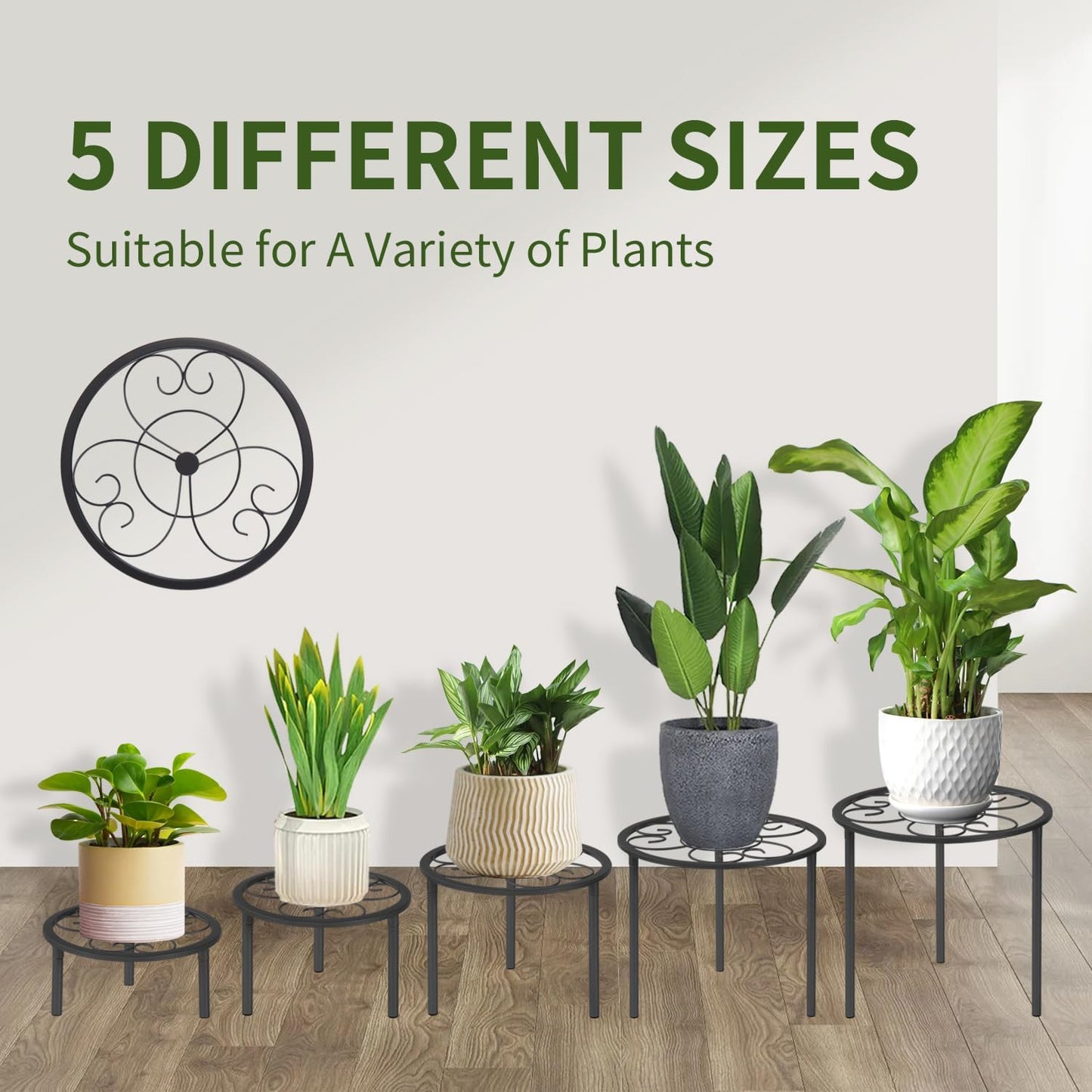 5-piece set of metal plant potted flower racks, heavy-duty flower pot plant racks of different sizes, iron flower racks, suitable for indoor and outdoor home decoration (Black) (5, Black)