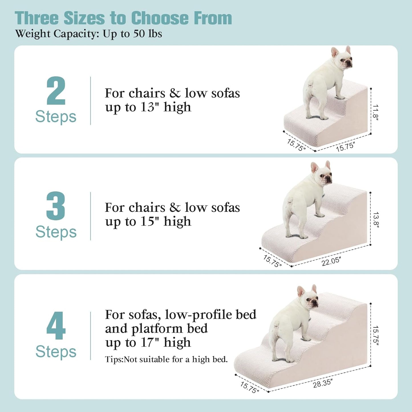 Dog Stairs for Small Dogs, 2-Step Dog Steps for Couch Sofa and Chairs, High-Density Foam Pet Steps Ramp with Removable Washable Cover for Older Injured Puppy Dogs and Cats, 11.81" H, Beige