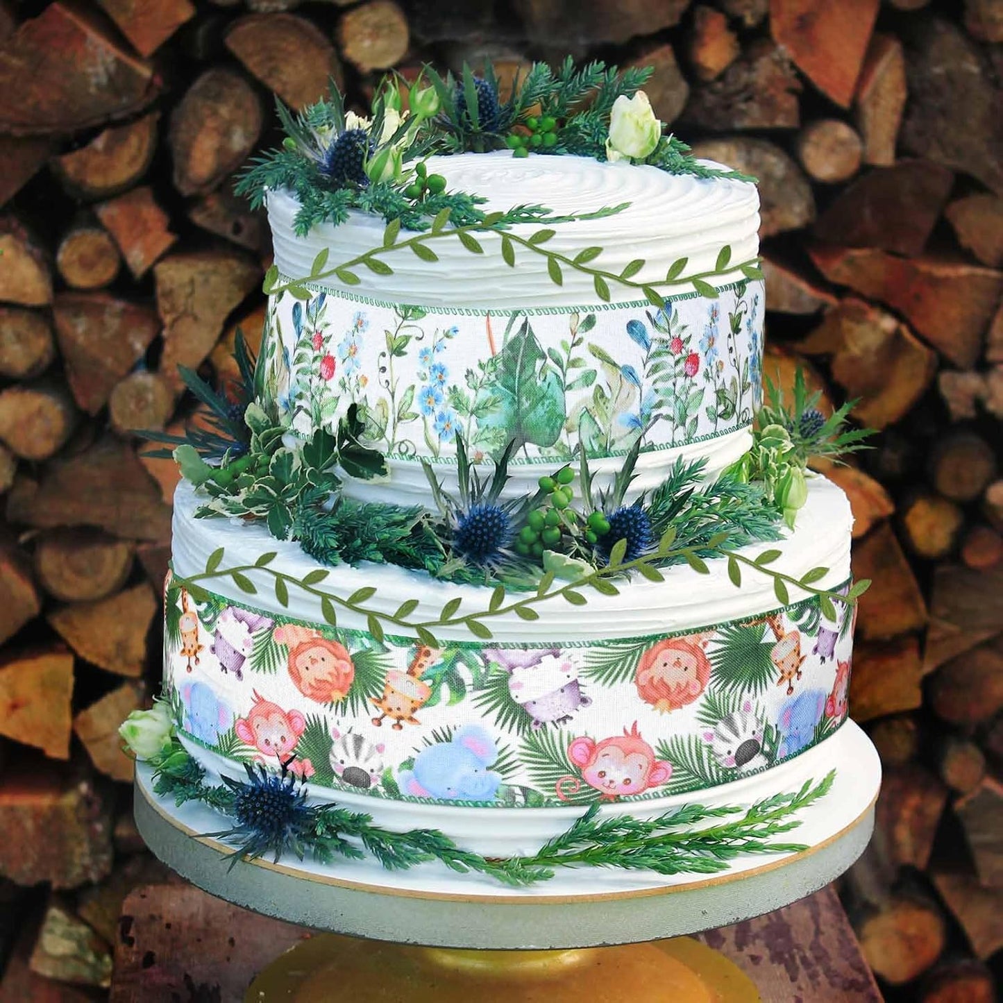 4Rolls 20 Yards Jungle Animal Diaper Cake Wired Ribbon 2.5 Inch Forest Green Leaf Ribbons Cute Animal Print Ribbons for Diaper Wrapping Birthday Baby Shower Craft Supplies