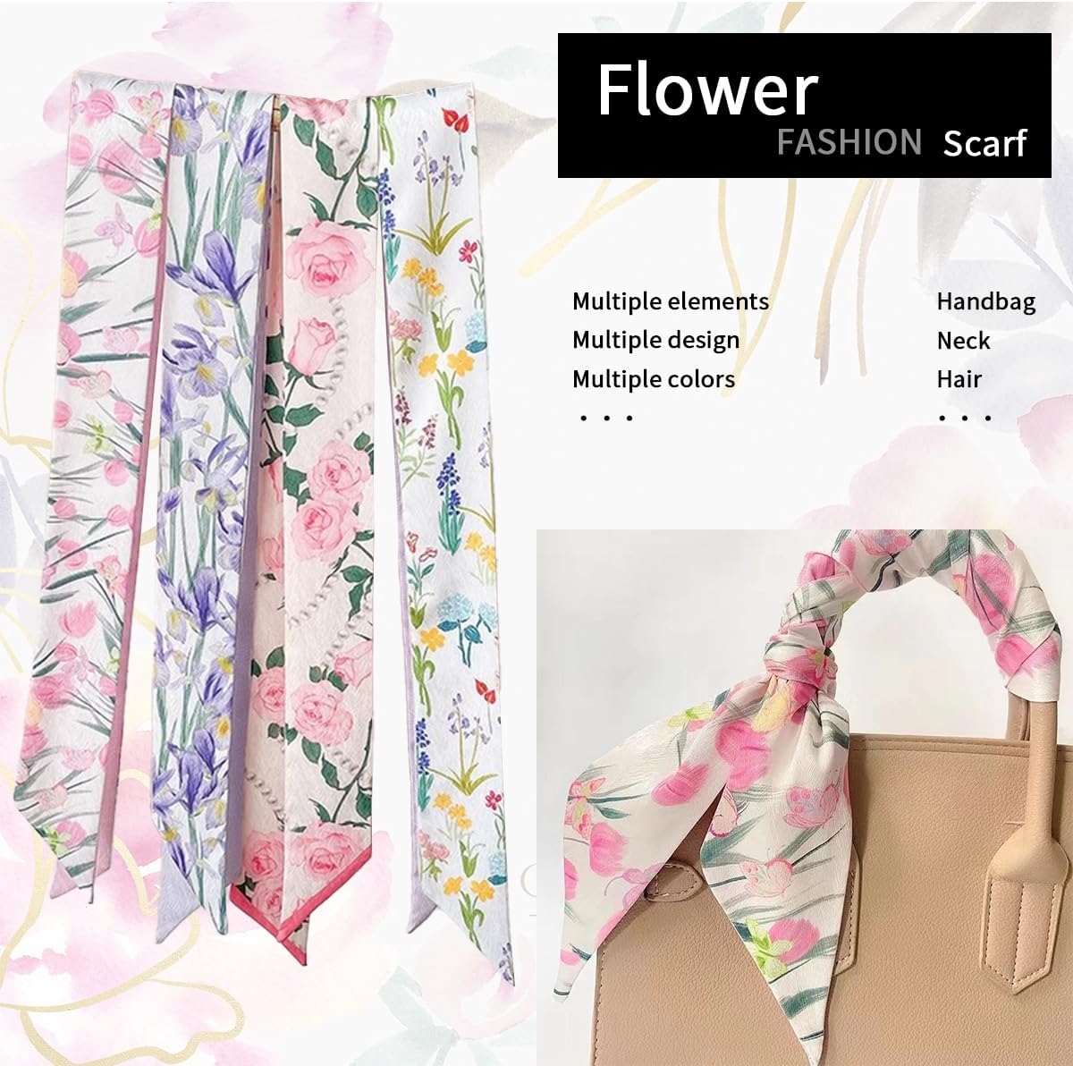 5 Pcs Flower Purse Scarf for Handbag, Women's Head Hair Scarves Satin Neck Scarves, for Spring Present Handbag Handle Accessory