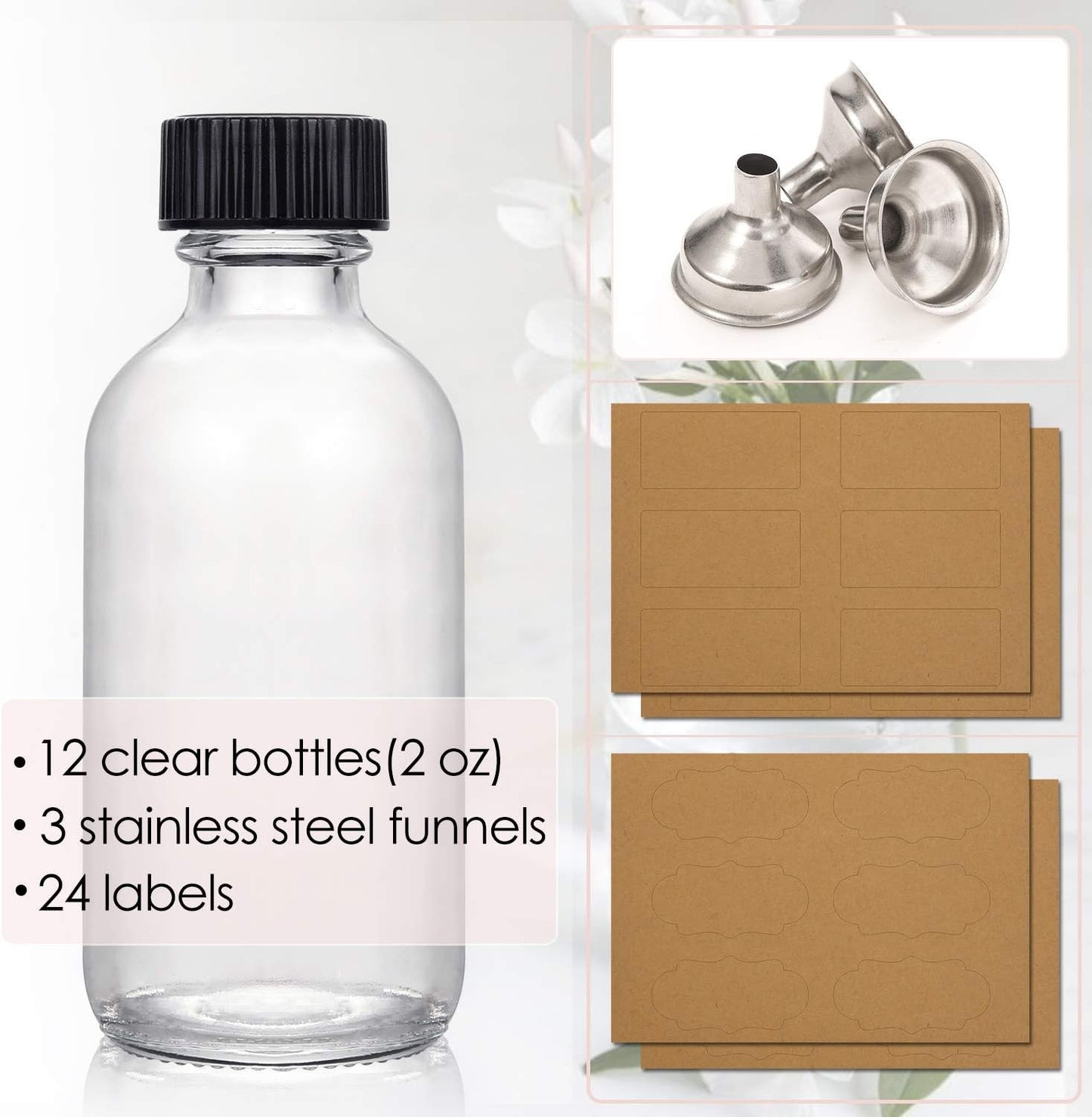 AOZITA 12 Pack, 2 oz Small Clear Glass Bottles w/Lid & 3 Funnels - 60ml Boston Shot Bottles for Health, Immunity, Potion, Wellness, Sample, Ginger, Juice - Mini Personal Care & Beauty Travel Bottle