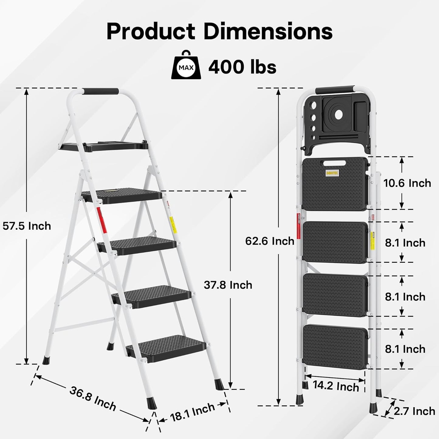 BONTEC 4-Step Ladder, 400lbs Max Load, Folding Step Stool with Tool Tray, Anti-Slip Pedals, Sturdy Steel, Lightweight Portable Ladder with Handrail for Home & Work Use, White