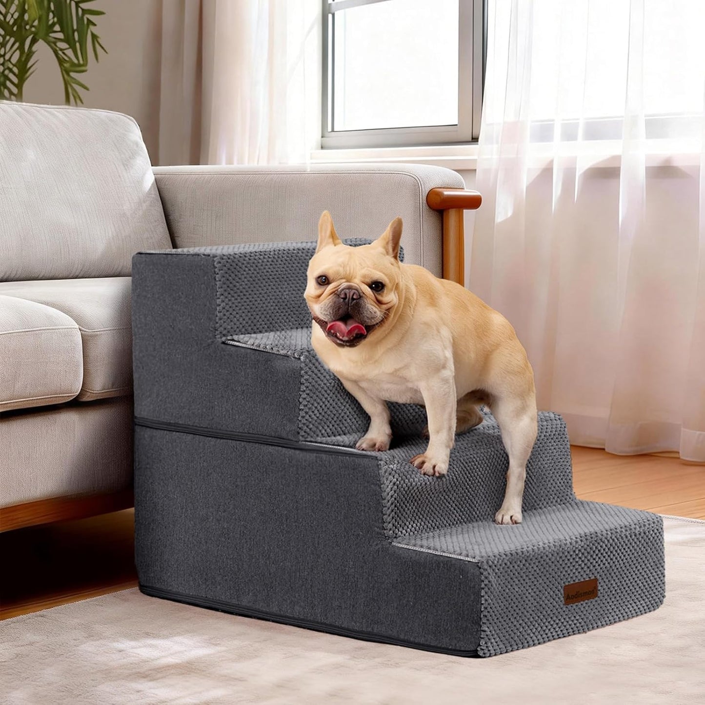 Dog Steps for Bed and Couch, 4-Step Pet Stairs for Small Dogs, Indoor Non-Slip Dog Stairs for Old Cats, Puppy, Small Medium Dogs,18.5" H,Grey