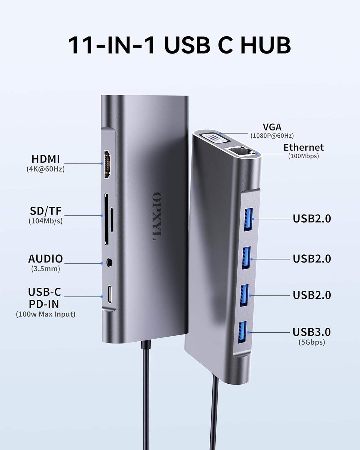 11-in-1 USB C Hub Multiport Adapter, USB C Docking Station with 4K HDMI, VGA 1080P, 100W PD, Ethernet, SD/TF, Audio, USB 3.0 Port, Laptop Dock for MacBook Pro/Air, iPad, Windows