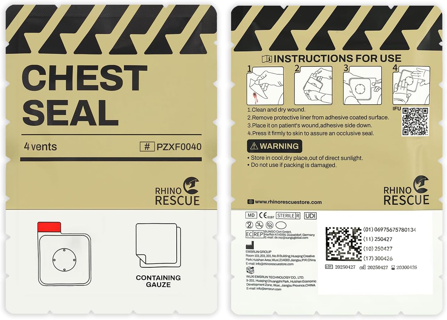 RHINO RESCUE Vented Chest Seal, 4 Vents, Sterile Emergency Trauma Dressing, Occlusive Adhesive Pad, IFAK Trauma Refill Medical First Aid Supplies for Wound Care, Gunshot Wound, Sucking Chest(2 Count)