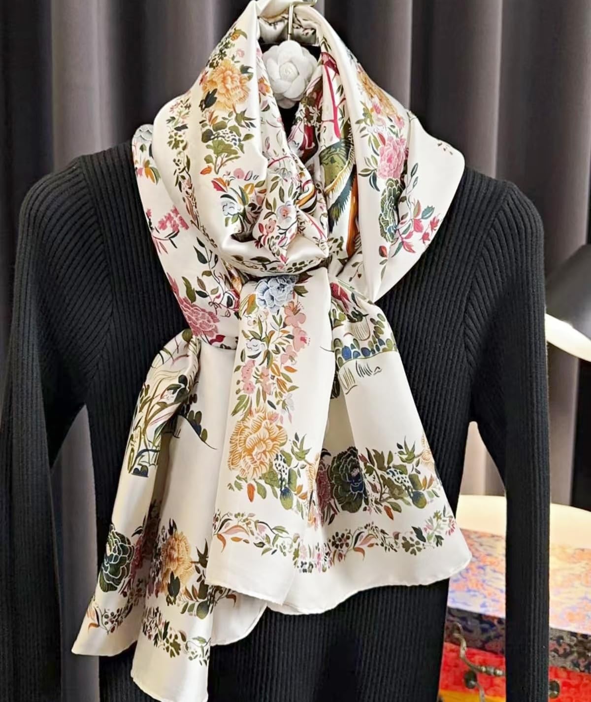 Elegant Silk Scarf Shawl for Women Lightweight Floral Satin Scarf Trendy Silky Scarves Headscarf Neck Shawls Wraps