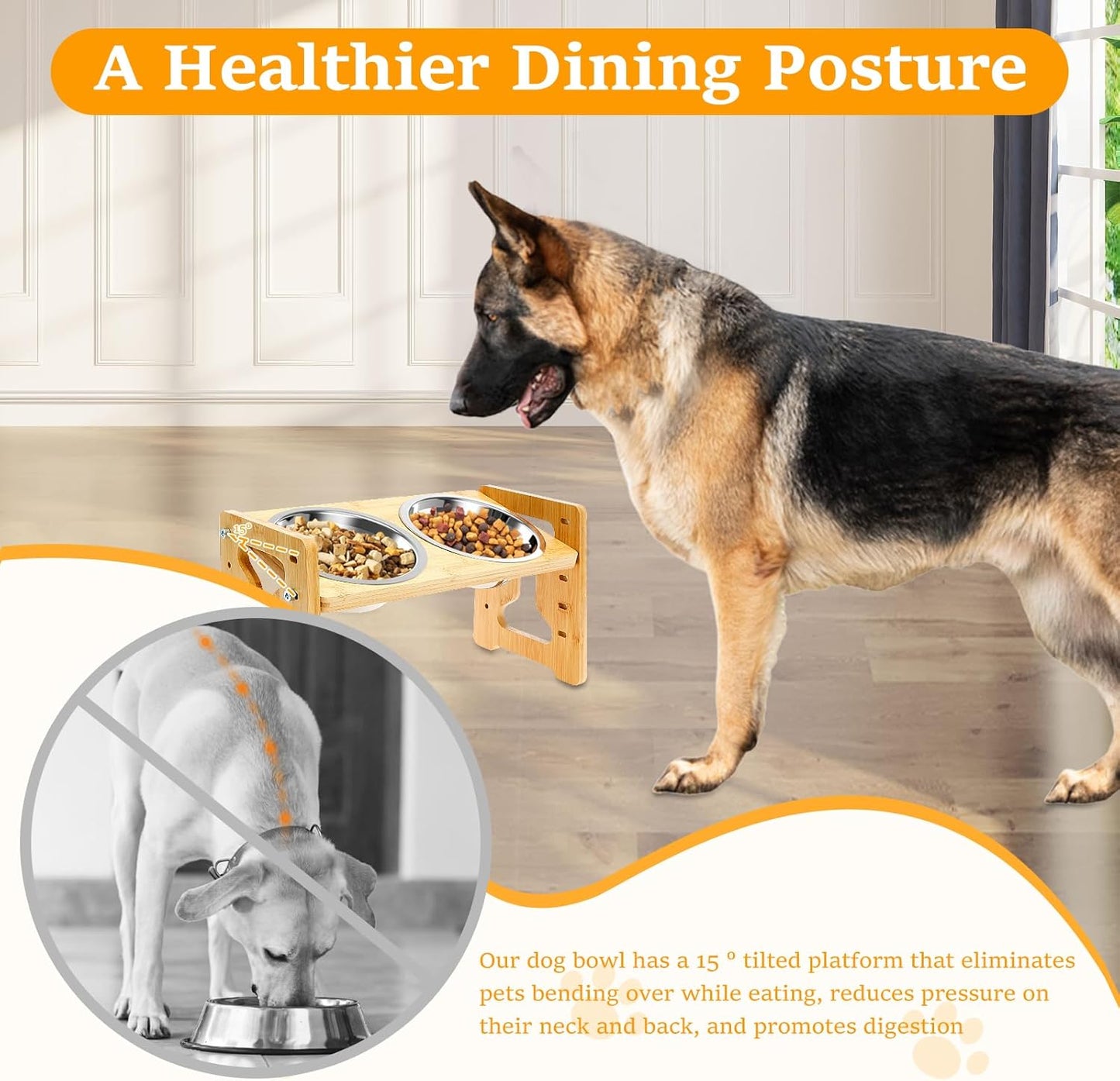 Elevated Dog Bowls - Flexible Adjustable Dog Bowl Stand for Small Medium Dogs & Cats | 6'' Diameter Double Bowls & Non-Slip Foot Pads & Removable Stand