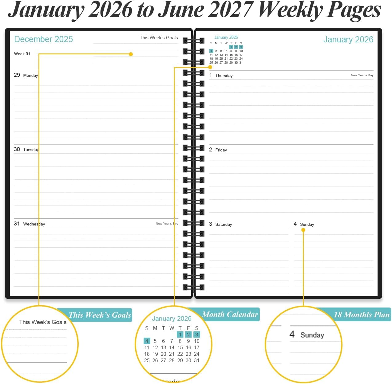 2026-2027 Planner - 18 Months Weekly & Monthly Planner from January 2026 - June 2027, Spiral Planners 2026-2027 with Elastic Closure, Inner Pocket, Medium 5.8" x 8.3", Black