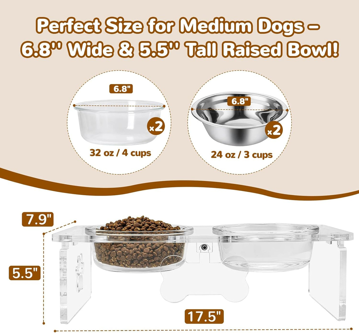 Clear Acrylic Elevated Dog Bowls with Writable Name Signs - 2×32oz Thick Glass & 2×Stainless Steel Bowls, 5.5" Height Raised Pet Feeder Stand, Food and Water Bowl Set for Medium Dogs