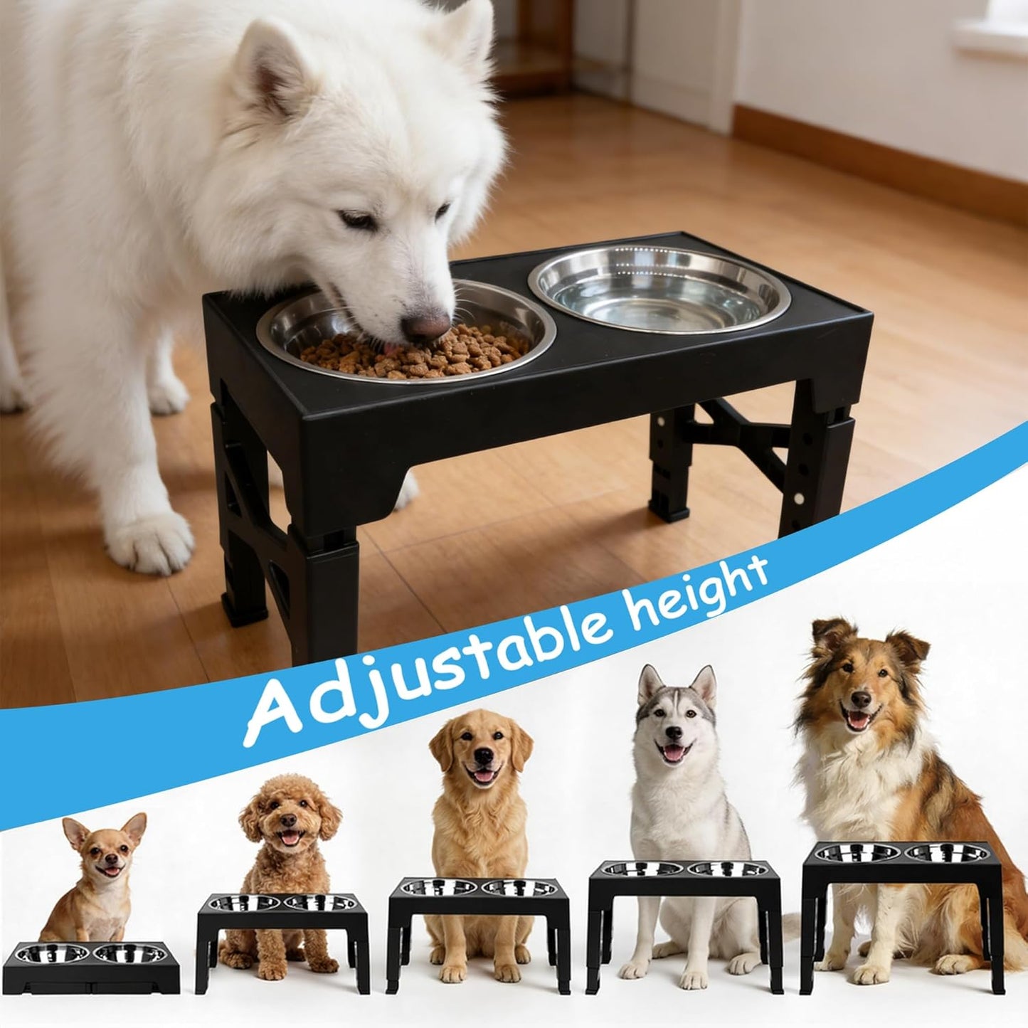 Elevated Dog Bowl Stand, Black, Adjustable Height, Double Stainless Steel Bowls,