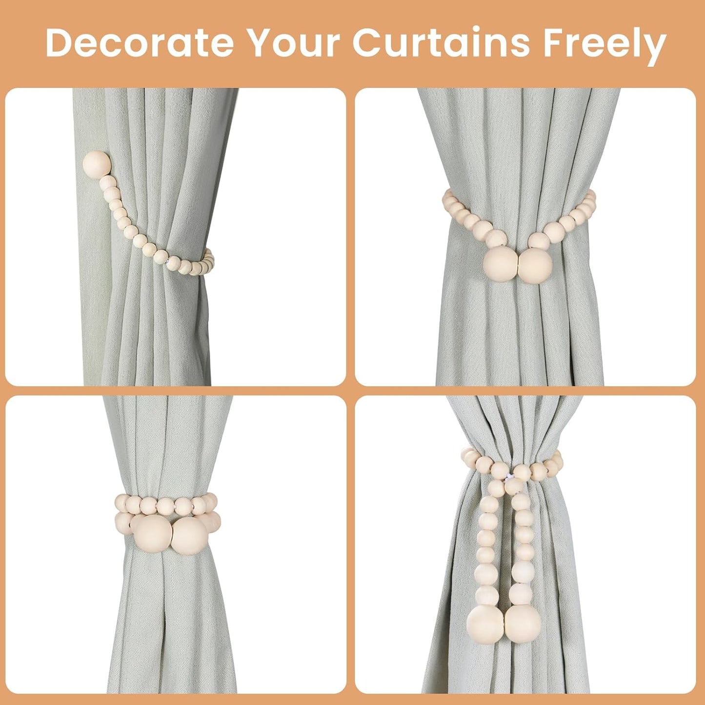 KLOGTSIND Magnetic Curtain Tiebacks, Curtain Holdbacks for Curtains 2 Pack, Wood Bead Curtain Holders for Boho Bedroom Decor, Baby Nursery Decor, Farmhouse Decor