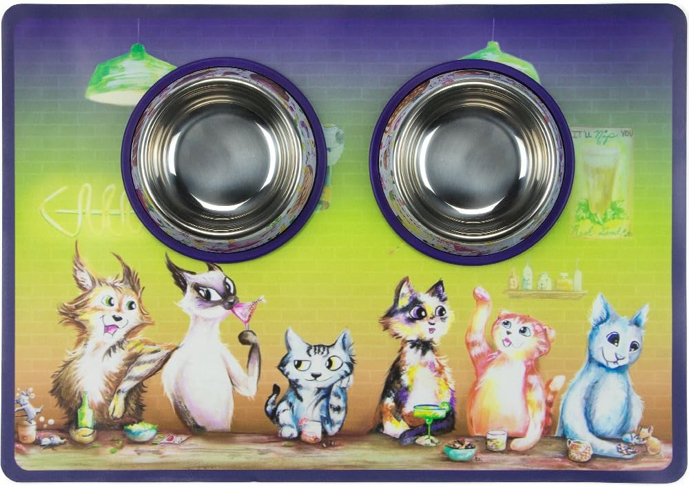 Weebo Pets 3-in-1 Cat Food & Water Bowls with Mat Set - Cat Tales: The Regulars Premium 4 oz. Stainless Steel Dishes with Food-Grade Silicone Feeding/Litter Box Mat