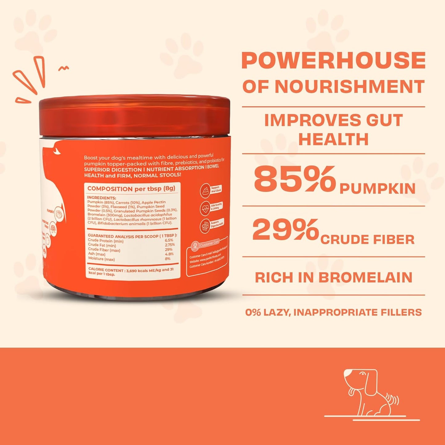 Pawfect Pumpkin Purge Dog Food Toppers for Digestion Gut Health Firm Stool and Anal Gland Support with Pumpkin Apple Pectin Flaxseed Pre and Probiotics (250g/8.8oz)