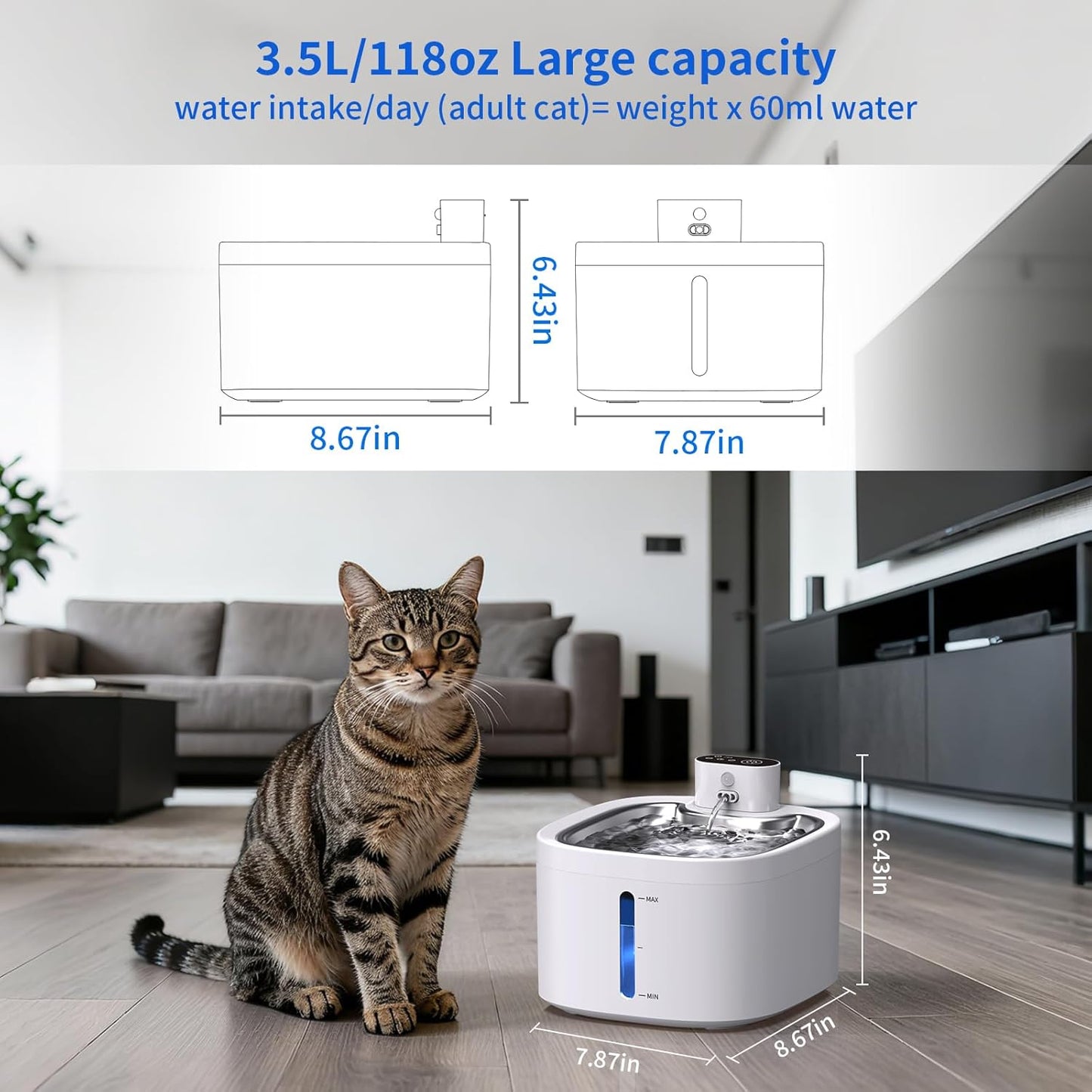 Wireless Cat Water Fountain, 118oz/3.5L Battery Operated Pet Water Dispenser with Stainless Steel Tray, Ultra Quiet Automatic Fountain with Motion Sensor for Cats Dogs(Cat Fountain+2Filters)