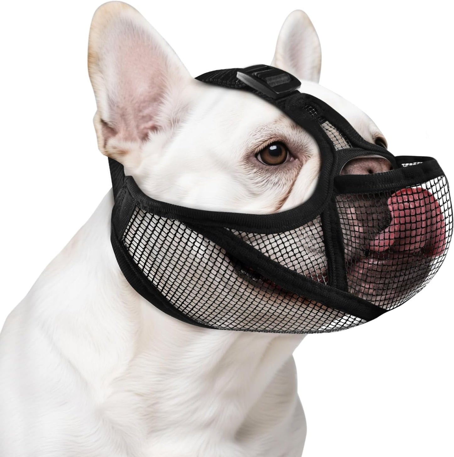 French Bulldog Muzzle with Breathable Open Eye Hole Design, Allows Tongue Extension - Soft Short Snout Dog Muzzle for French Bulldog, Pug, Shih Tzu to Prevent Biting Allow Drink & Feed(XL,Black)