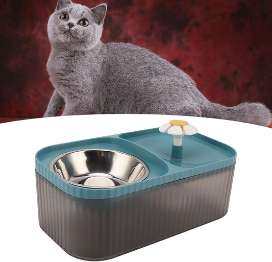Water Bowl Fountain,Cat Feeder and Water Dispenser,Cat Water Fountain Food Bowl High Capacity Quiet 2 in 1 Pet Feeder Water Dispenser Feeding Machine for Cats and Dogs (Blue)