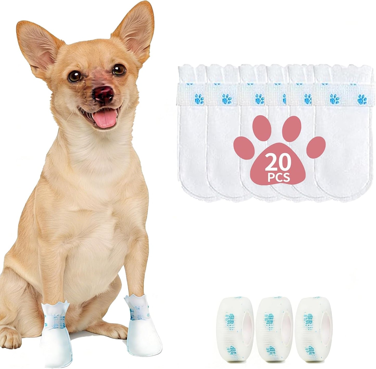 Disposable Dog Booties for Paw Protection - Waterproof, Adjustable Self-Adhesive Straps, 20 Count Dog Shoes for Indoor & Outdoor Use, Walking, Hiking, Pos (S（2.5-7.5KG)